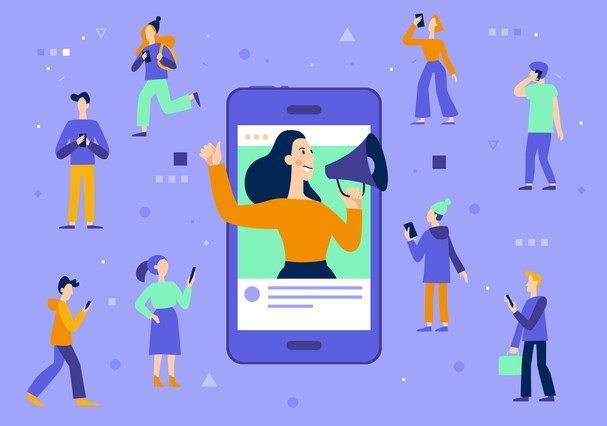 Vector illustration in flat simple style with characters - influencer marketing concept - blogger promotion services and goods for her followers online (Foto: Getty Images/iStockphoto)