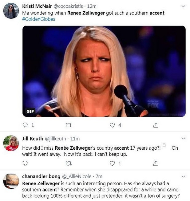Tuítes de espectadores do Globo de Ouro 2020 comentando os dois sotaques distintos da atriz Renée Zellweger em seu discurso de agradecimento na premiação (Foto: Twitter)