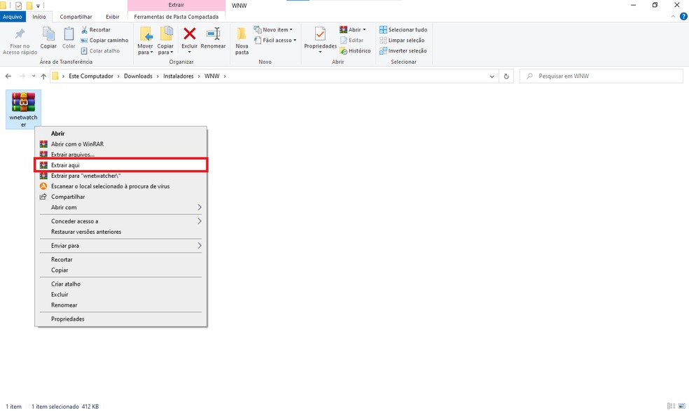 Extraia o Wireless Network Watcher para uma pasta de sua preferência — Foto: Reprodução/Gabriel Pereira