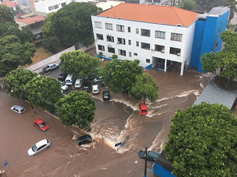 Na região da prefeitura, diversos carros ficaram ilhados por conta da quantidade de água (Foto: Arquivo Pessoal)