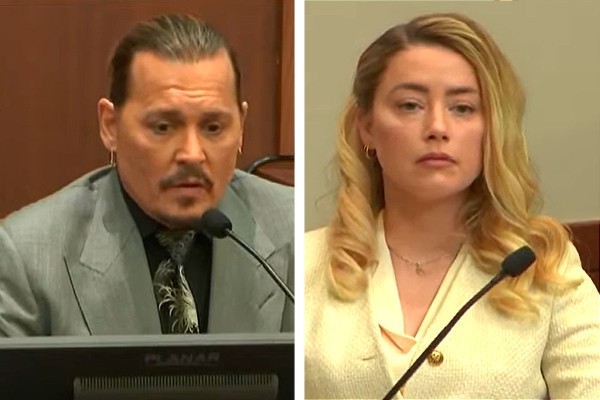 Johnny Depp e Amber Heard durante o julgamento do processo de difamação do ator contra a atriz em 20 de abril de 2022 (Foto: reprodução)