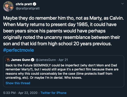 O tuíte do ator Chris Pratt em defesa da trilogia De Volta para o Futuro em seguida ao suposto erro apontado pelo cineasta James Gunn (Foto: Twitter)
