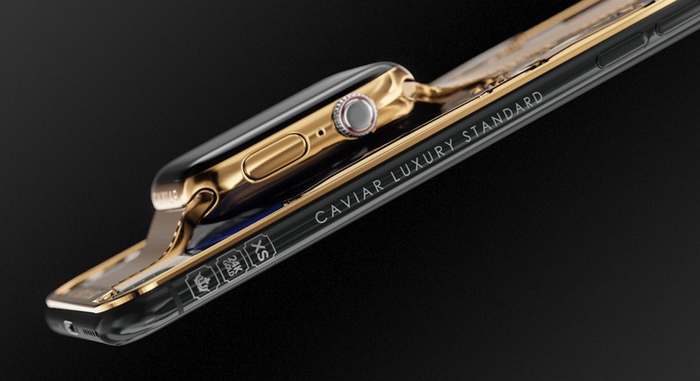 VersÃ£o dourada do iPhone XS Max vem com um Apple Watch 4 de "brinde" â Foto: DivulgaÃ§Ã£o / Caviar