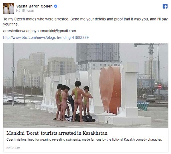 Sacha Baron Coen oferece ajuda aos turistas presos (Foto: reprodução facebook)