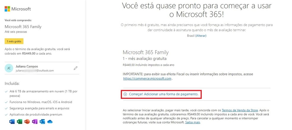 Adicione uma forma de pagamento na Microsoft 365 — Foto: Reprodução/Juliana Campos