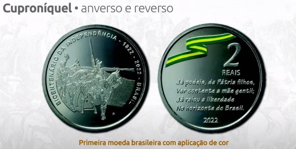 Moeda em cuproníquel, comemorativa dos 200 anos da Independência do Brasil — Foto: Banco Central/Reprodução