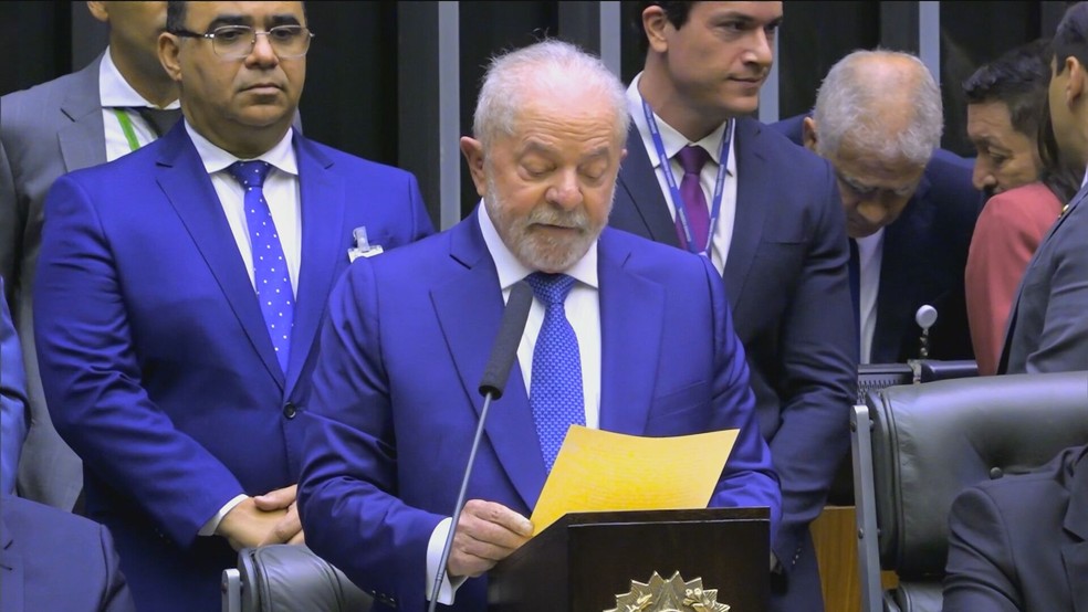 Lula discursa após ser empossado no Congresso em 1º de janeiro — Foto: Reprodução 