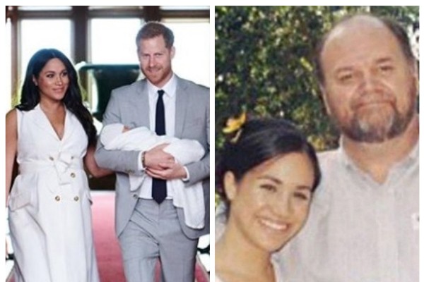 Meghan Markle e Príncipe Harry com o bebê Archie / Meghan e o pai Thomas Markle (Foto: Instagram / Twitter)
