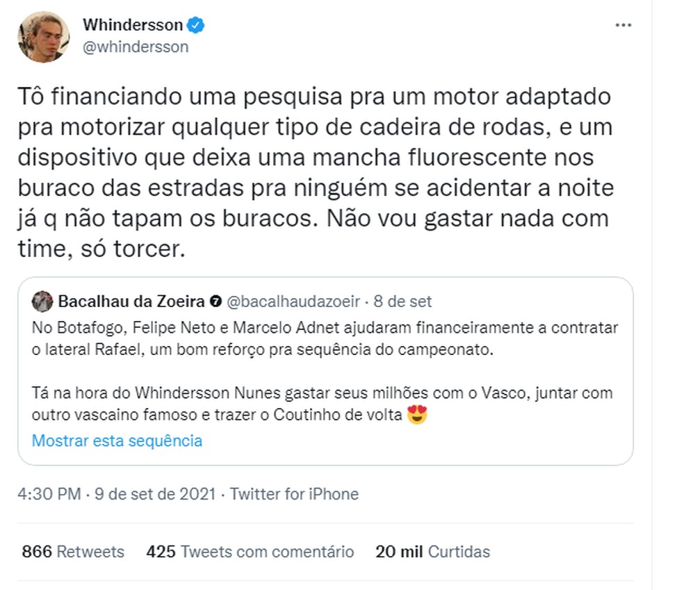 Whindersson Nunes responde a perfil sobre ajudar o Vasco  — Foto: Reprodução/Twitter