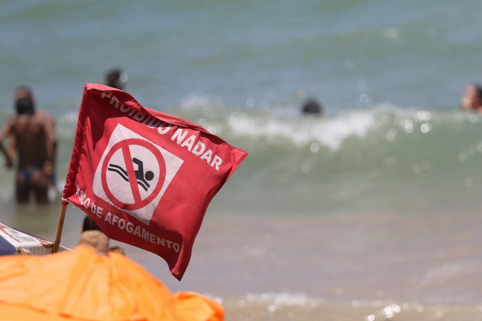 Aviso de proibição para nadar foi desrespeitado neste domingo (11), na praia de Boa Viagem, na Zona Sul do Recife — Foto: Marlon Costa/Pernambuco Press