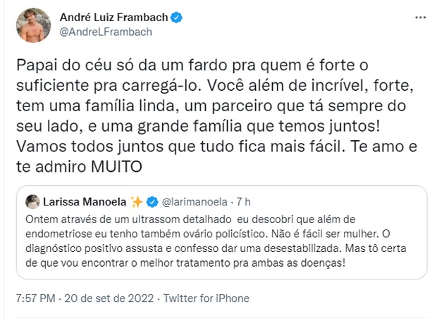 André Luiz Frambach, namorado de Larissa Manoela, posta após diagnóstico da atriz de emdometriose e ovário policístico (Foto: Reprodução/Twitter)