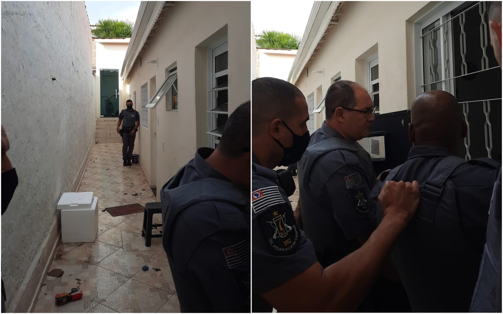 Policiais na porta da casa pedindo para agressor que esfaqueou a mulher e matou a sogra em Sorocaba se entregar — Foto: Polícia Militar/Divulgação
