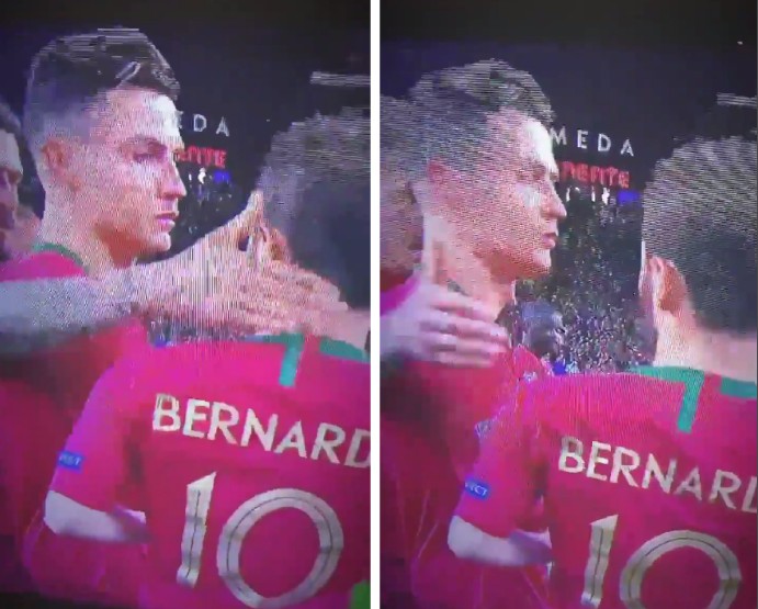 A reação polêmica de Cristiano Ronaldo encarando o colega Bernardo Silva eleito melhor jogador da Liga das Nações (Foto: Reprodução)
