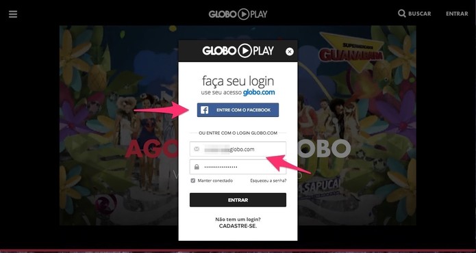 Entre no Globo Play com o seu e-mail ou pelo Facebook (Foto: Reprodução/Lucas Mendes)