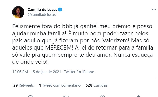 O tweet de Camilla de Lucas (Foto: Reprodução Instagram)