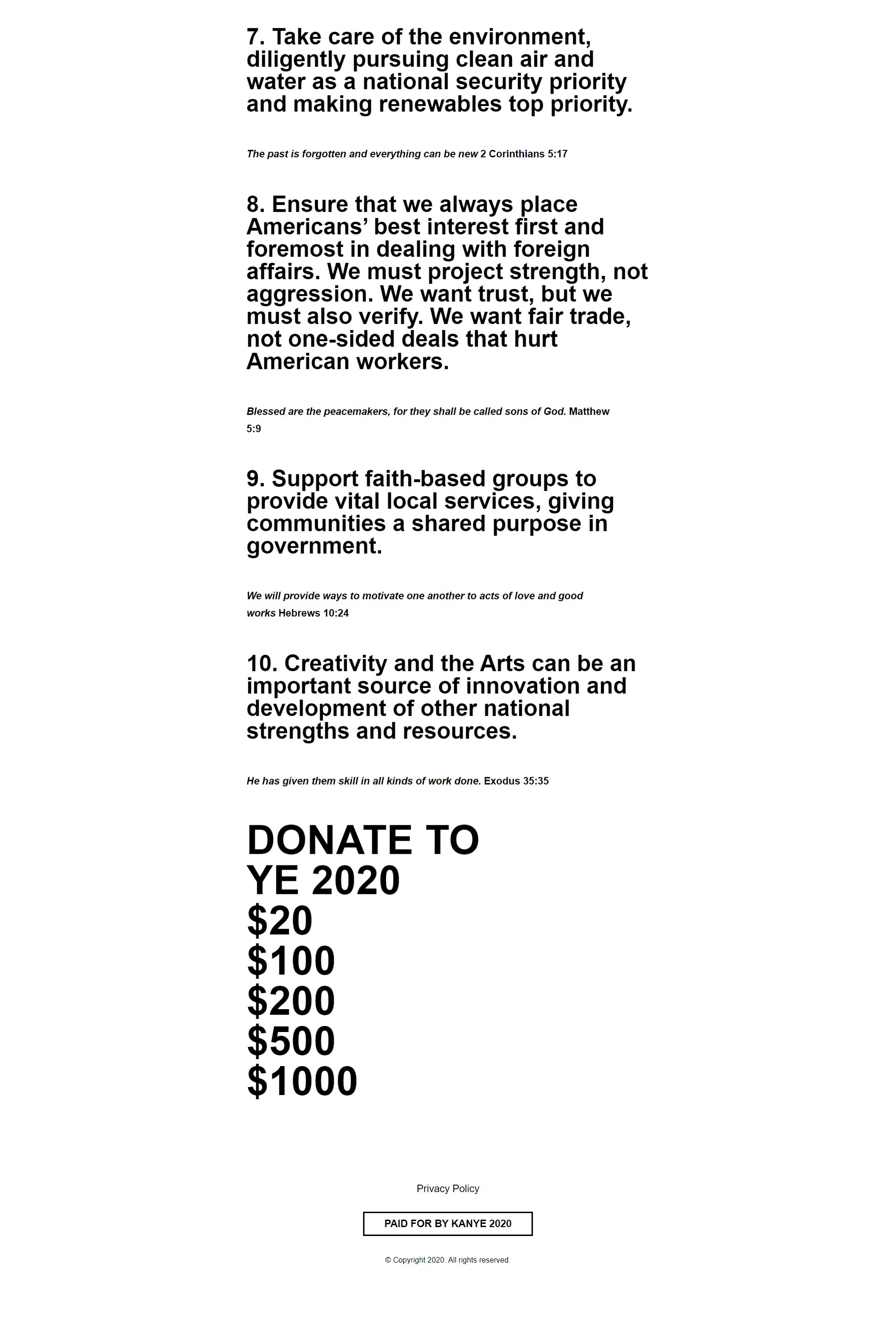 Propostas de campanha de Kanye West para a presidência dos EUA (Foto: kanye2020.country)
