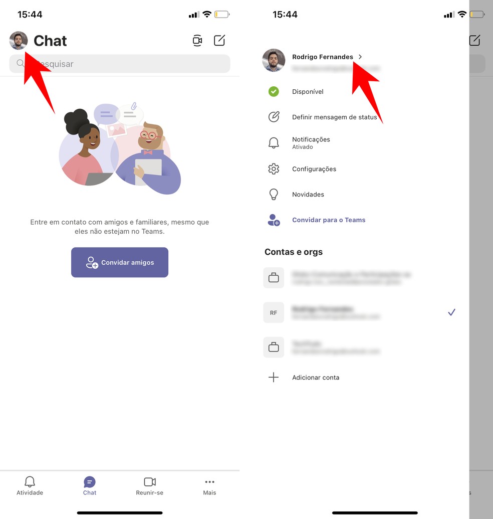 Como colocar foto no Microsoft Teams? Acessando o perfil do usuário no Teams para iPhone (iOS) para realizar mudança — Foto: Reprodução/Rodrigo Fernandes