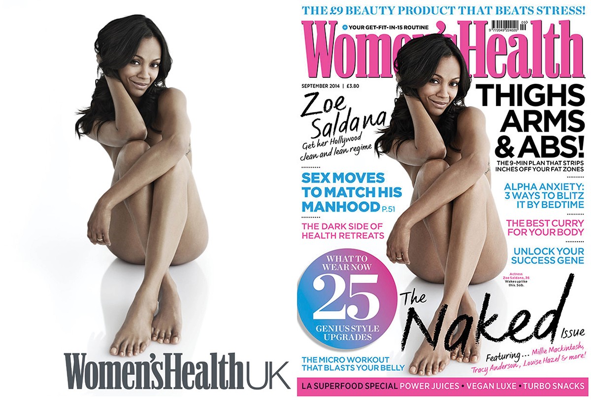 Zoe Saldaña na posa nua para revista britânica (Foto: Reprodução Women's Health)
