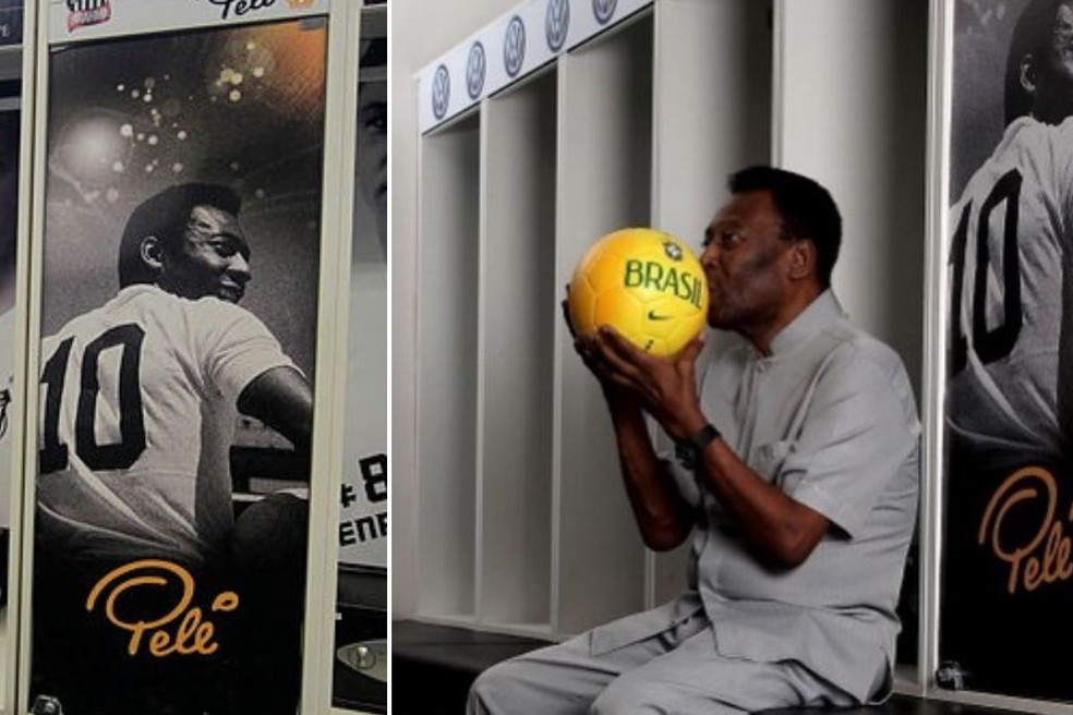 Pelé posa ao lado do armário trancado com seus segredos — Foto: Arquivo A Tribuna/Instagram Pelé