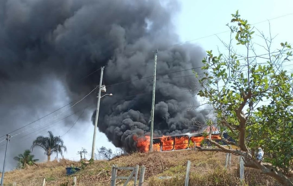 Ônibus escolar com 8 crianças pega fogo em estrada rural em Piranguçu (MG) — Foto: Redes sociais 