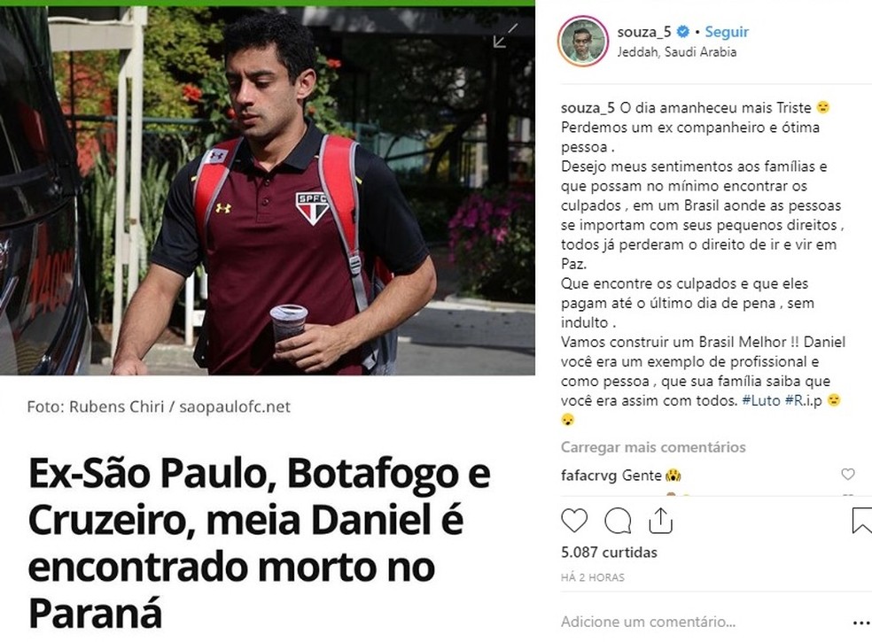 Ex-volante do São Paulo, Souza também se manifestou  — Foto: Reprodução/Instagram 