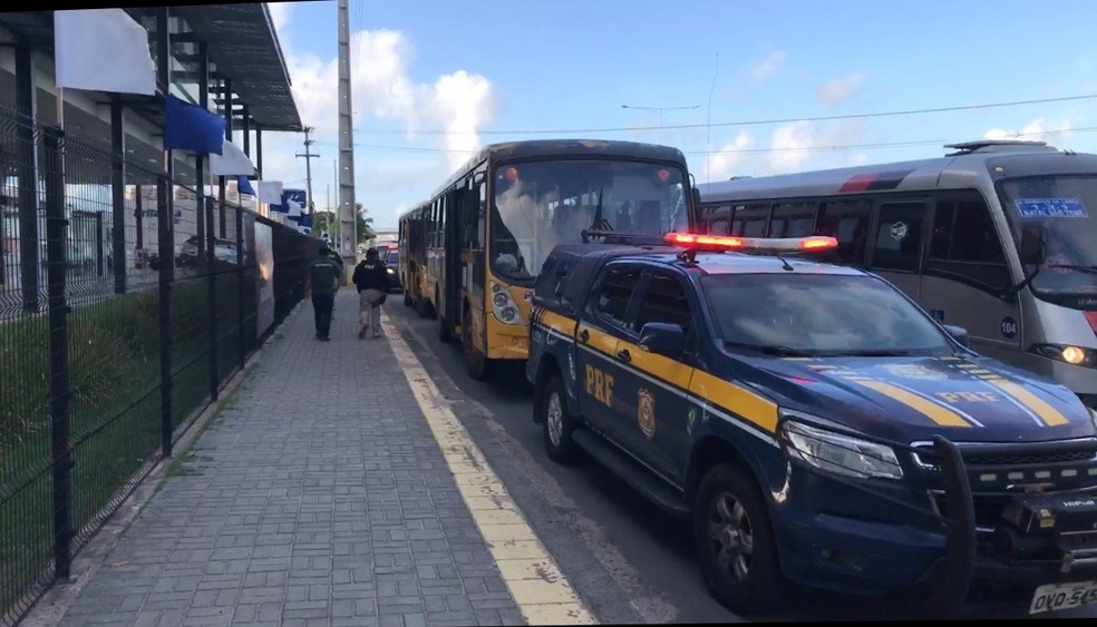 PRF fiscaliza ônibus na BR-101 — Foto: Quezia Oliveira
