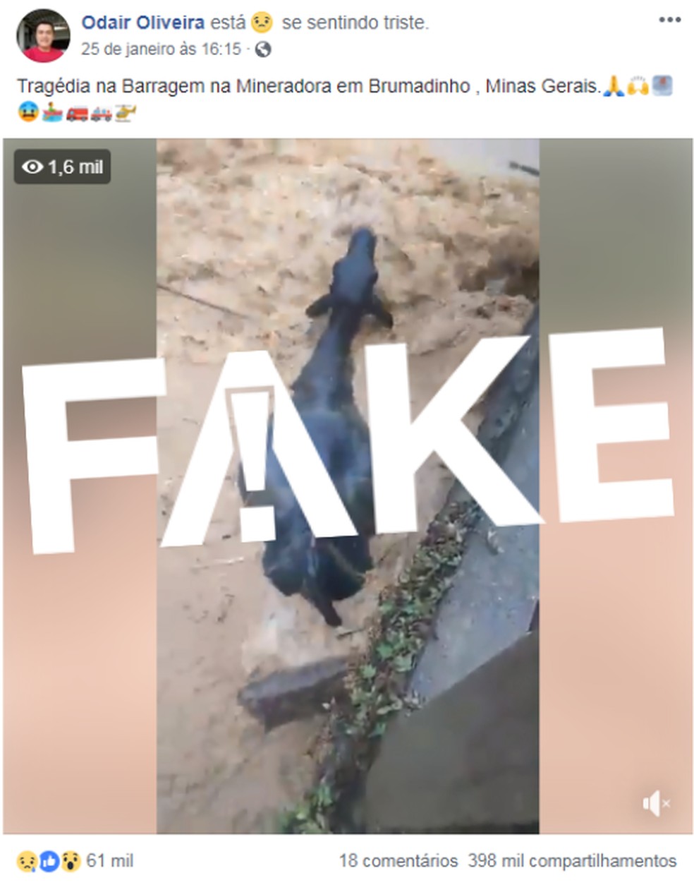 Vídeo tem circulado como se fosse em Brumadinho — Foto: Reprodução/Facebook