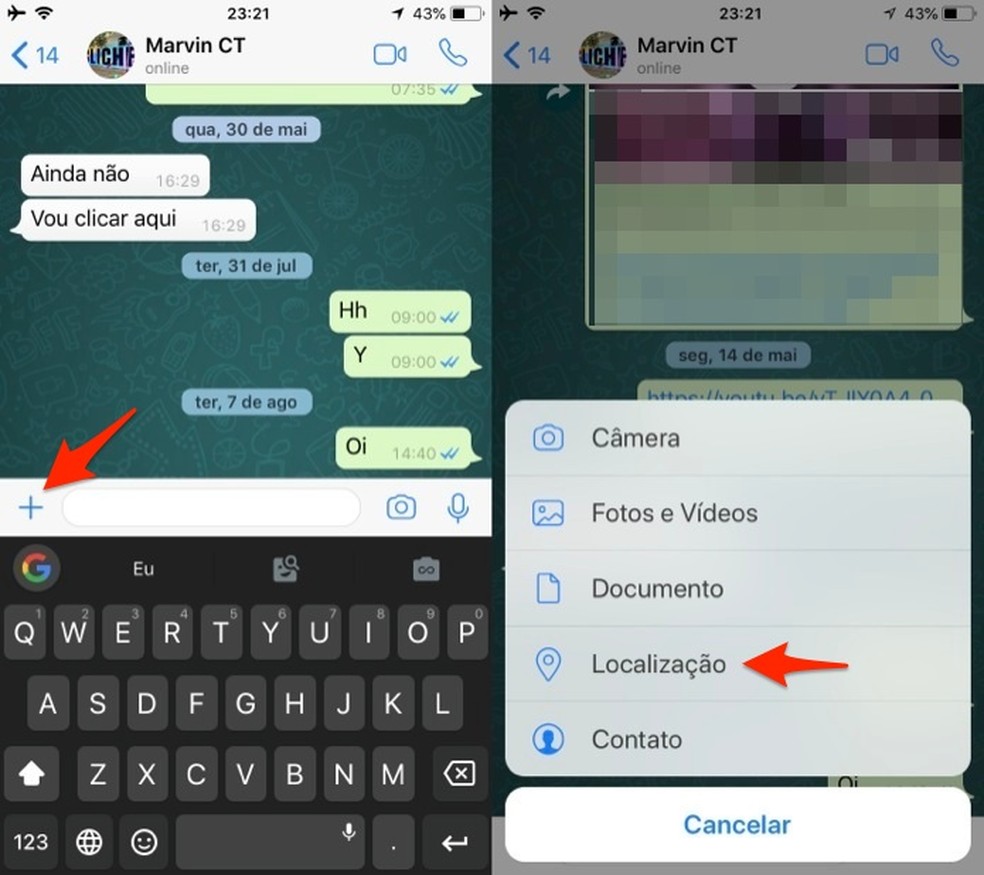 Ação para abrir a ferramenta de compartilhamento de localização no WhatsApp para iPhone (Foto: Reprodução/Marvin Costa)