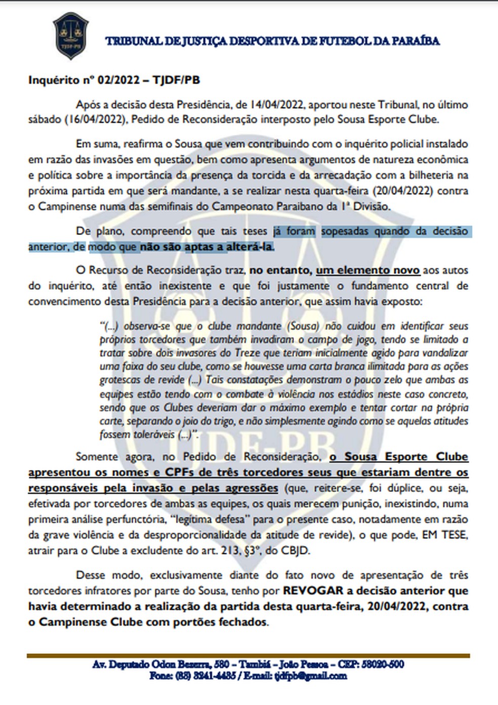 Decisão na íntegra do Tribunal de Justiça Desportiva de Futebol da Paraíba — Foto: Divulgação / TJDF-PB