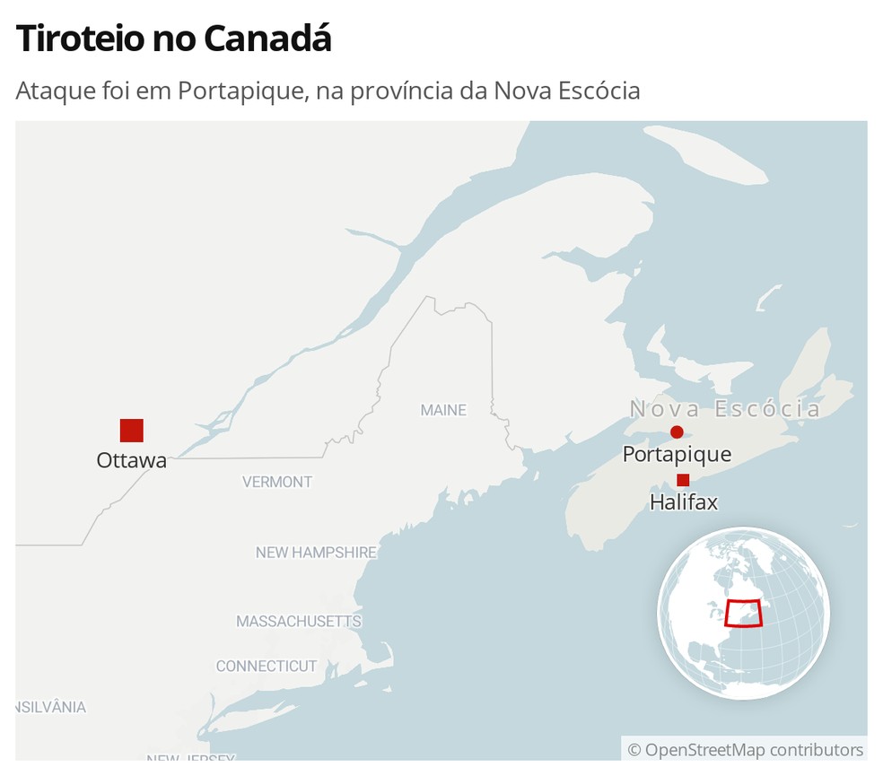 Tiroteio no Canadá: ataque deste domingo (19) foi em Portapique, na província da Nova Escócia — Foto: G1                        