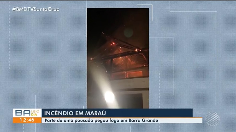 Incêndio em pousada é registrado no município de Maraú, interior da Bahia — Foto: Reprodução / TV Santa Cruz