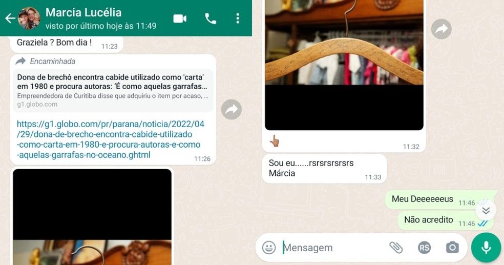 Márcia procurou Graziela pelo WhatsApp — Foto: Arquivo pessoal/Graziela Mendes