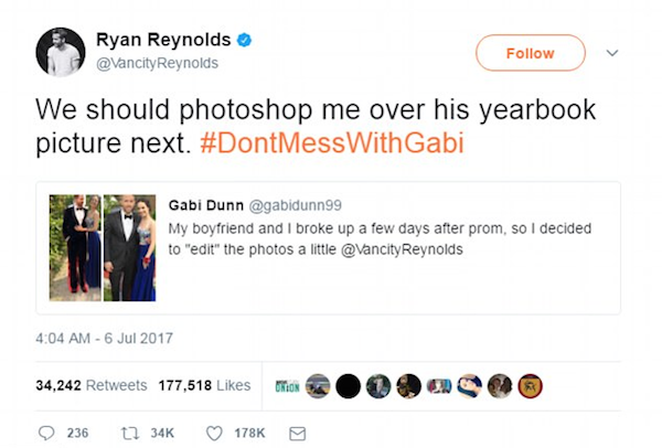 O ator Ryan Reynolds prestando solidariedade à jovem que perdeu o namorado dia após à festa de formatura (Foto: Twitter)
