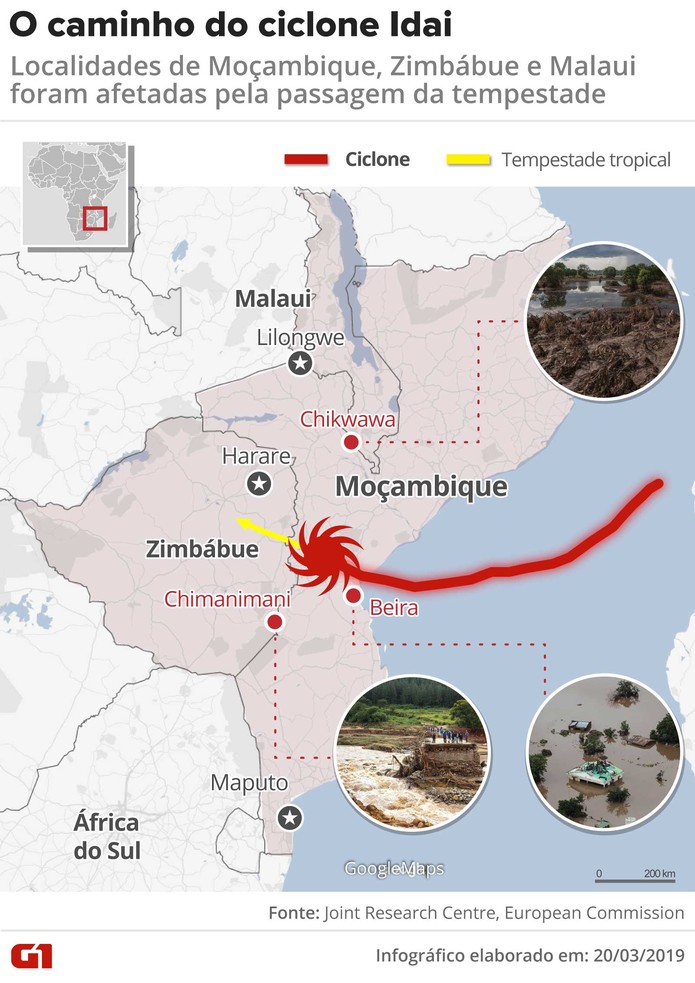 Ciclone Idai atinge Moçambique e afeta outros dois países da África — Foto: Rodrigo Sanches/G1