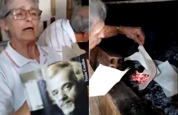 Casal queima livro de Paulo Coelho (Foto: Reprodução / Twitter)