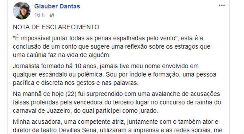 Jornalista publicou nota sobre o caso nas redes sociais (Foto: Reprodução/ Redes Sociais)
