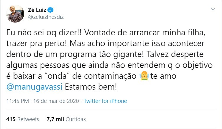 Zé Luiz confessa sua vontade de tirar Manu Gavassi do BBB (Foto: Reprodução/Twitter)