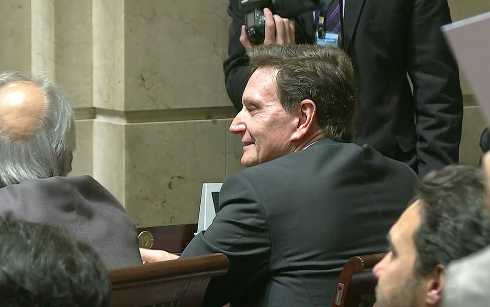 Marcelo Crivella na Câmara Municipal do Rio de Janeiro (Foto: Reprodução / Globo News)