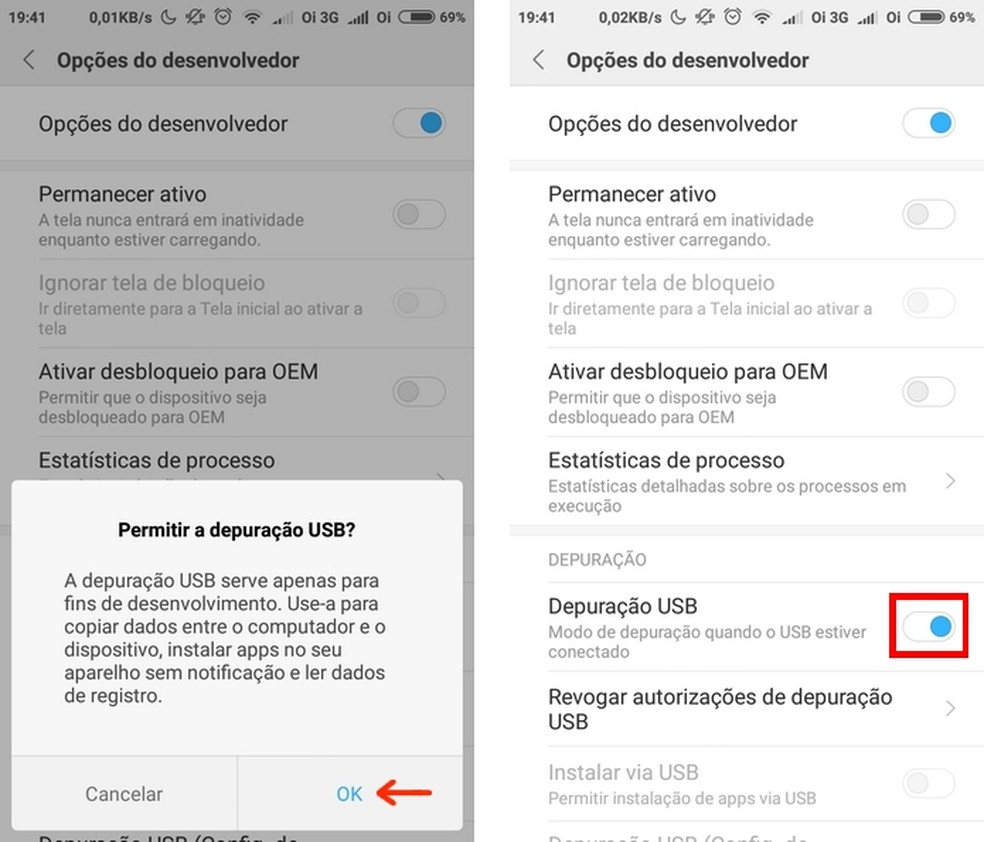 Depuração USB ativada em celular da Xiaomi (Foto: Reprodução/Raquel Freire)