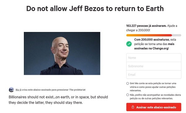A petição virtual que pede que Jeff Bezos não volte à Terra (Foto: Reprodução)