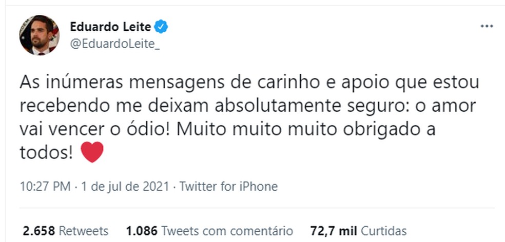 Eduardo Leite agradece as manifestações após de declarar homossexual  — Foto: Reprodução/Twitter