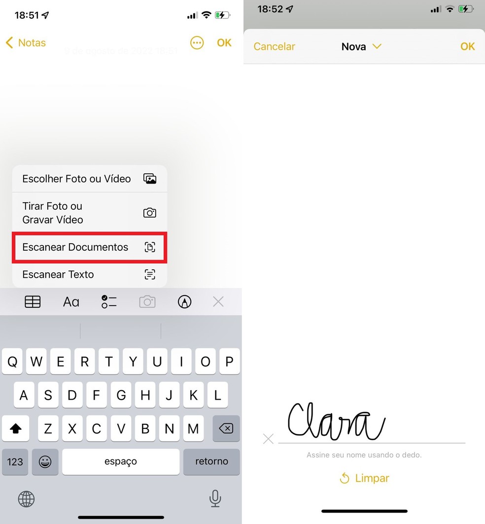 É possível usar o Notas para digitalizar e assinar documentos — Foto: Reprodução/Clara Fabro