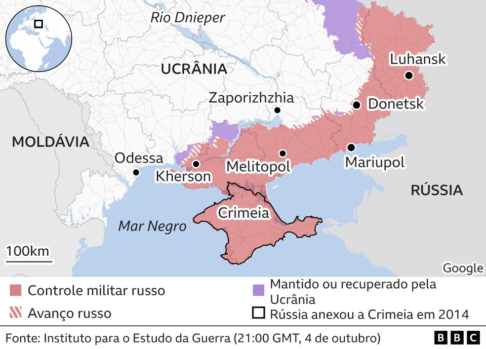 Mapa mostra áreas militarmente controladas pela Rússia na Ucrânia em outubro de 2022.  — Foto: BBC