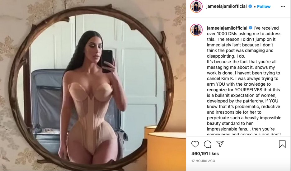 O post da atriz Jameela Jamil criticando a selfie compartilhada pela socialite Kim Kardashian (Foto: Instagram)