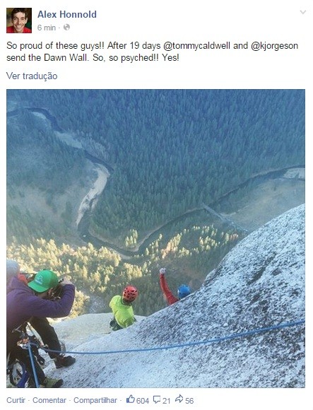 Amigo que acompanhou a escalada posta foto anunciando final da jornada (Foto: Reprodução/ Facebook)