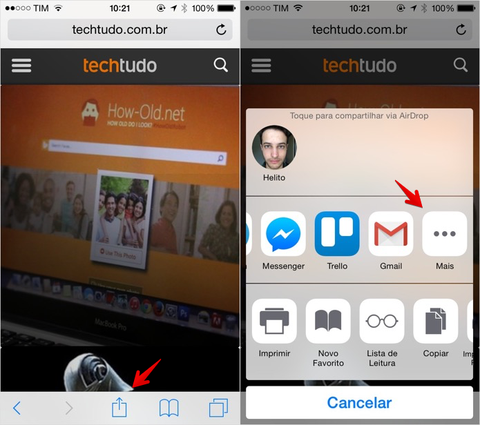 Acesse o menu de compartilhamento do iOS (Foto: Reprodução/Helito Bijora)