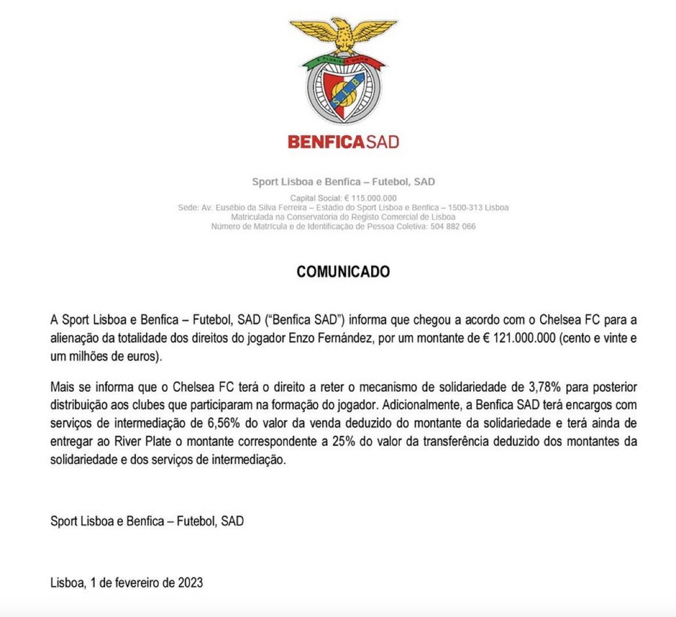 Comunicado oficial do Benfica sobre a transferência de Enzo Fernández para o Chelsea — Foto: Reprodução