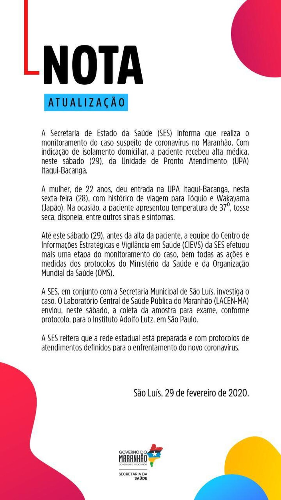 Nota da Secretaria de Saúde do Maranhão explica monitoramento de caso suspeito — Foto: Divulgação/Governo do Maranhão