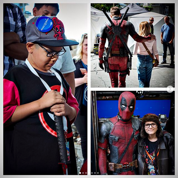 O ator Ryan Reynolds com algumas das crianças que visitaram o set de Deadpool 2 (Foto: Instagram)