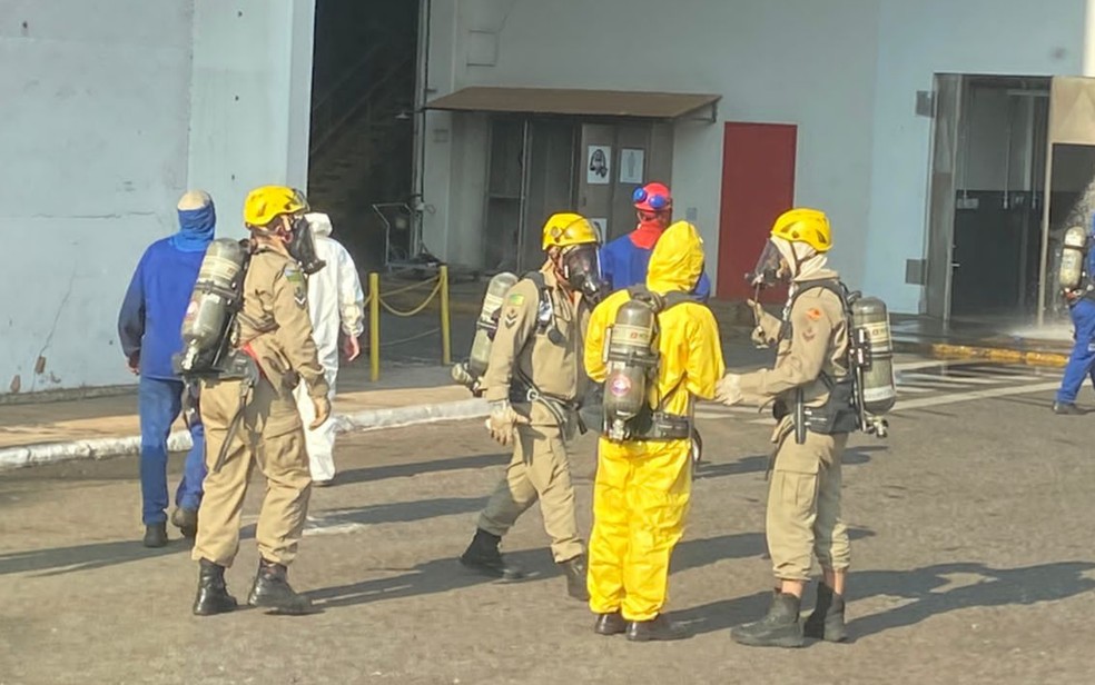 Bombeiros em atendimento na indústria da BRF onde houve vazamento de amônia — Foto: Divulgação/CBMGO